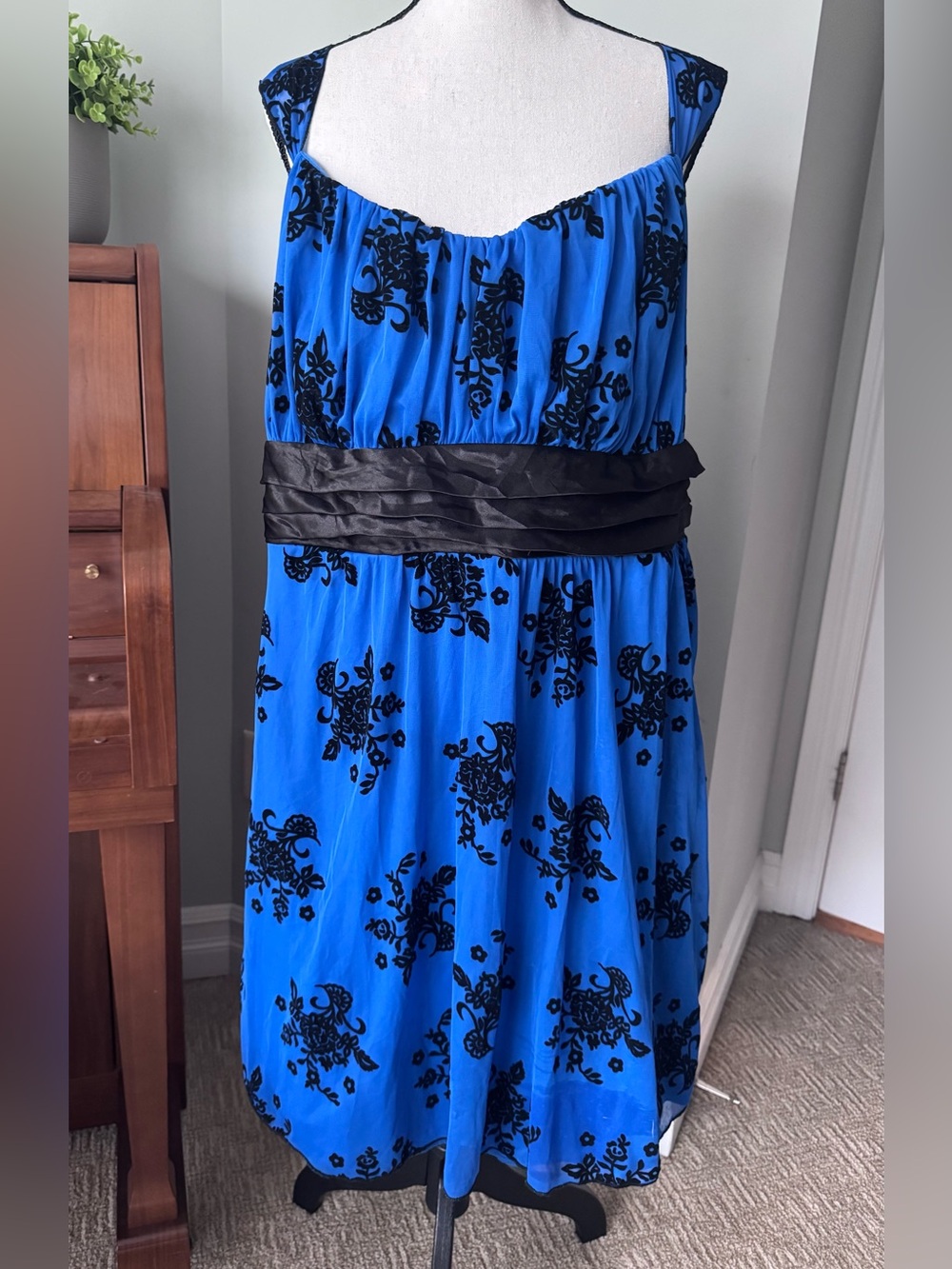 VTG Y2K Trixxi Blue & Black Flocked Velvet Floral Party Dress 3X Homcom Cocktail